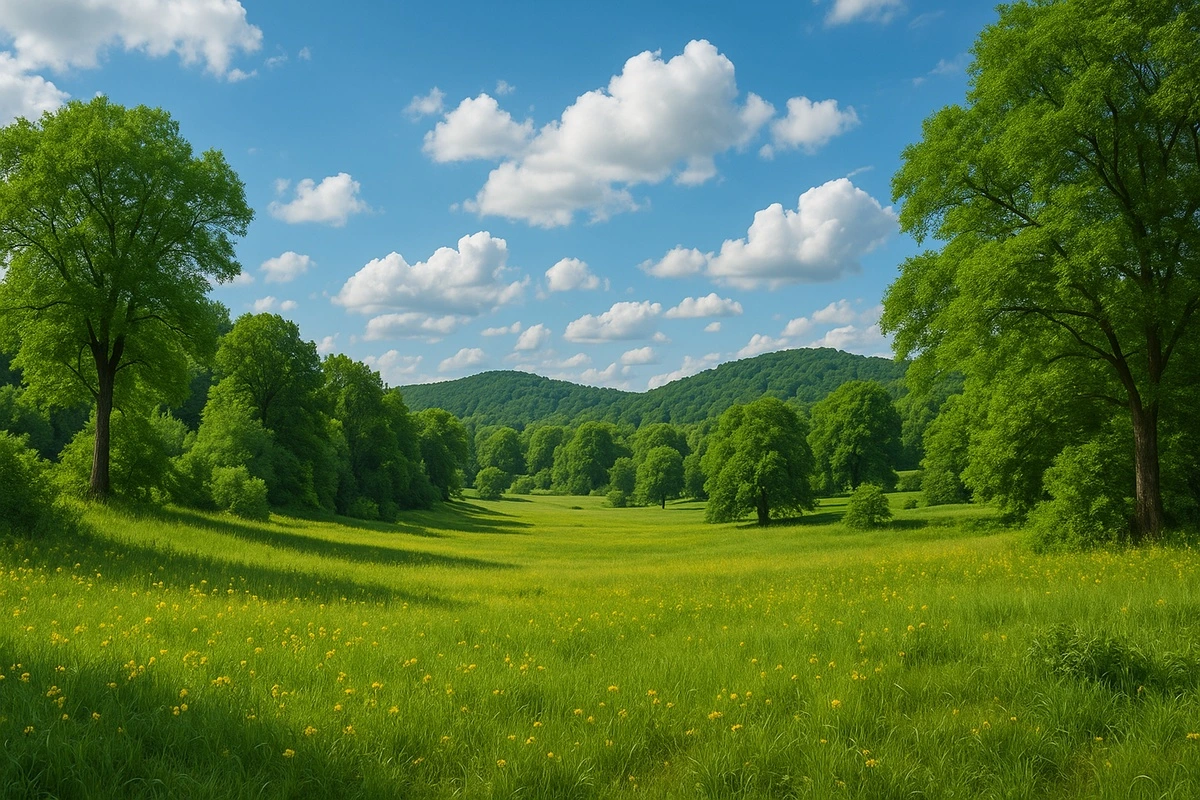 Фотообои на стену - природа, пейзаж, луг, лес, холмы, сельская местность, зелень, дикие цветы, солнечный свет, живописный