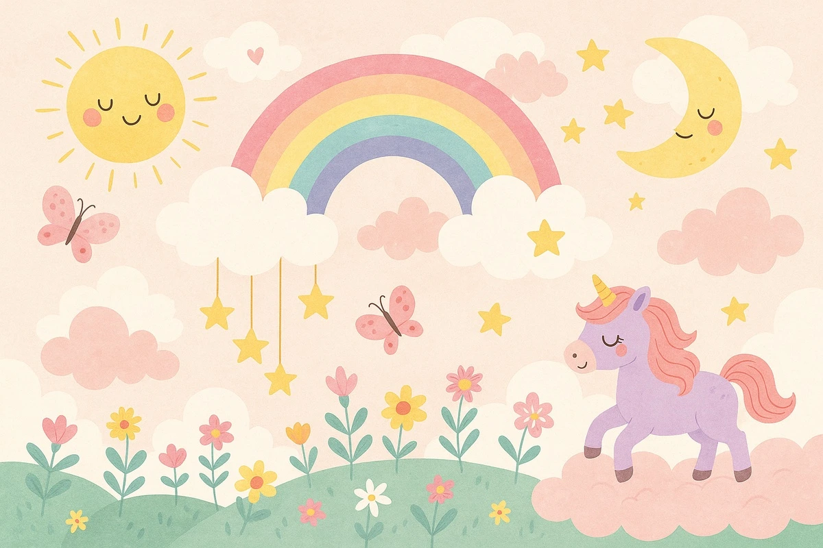 Фотообои на стену - в детскую комнату девочке, детские, пастельные, единороги, радуги, звёзды, облака, сказочные