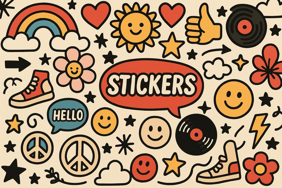 Фотообои на стену - наклейки, цветные, мультяшные, дудлы, поп-арт, ретро, детские, весёлые, иконки, декоративные