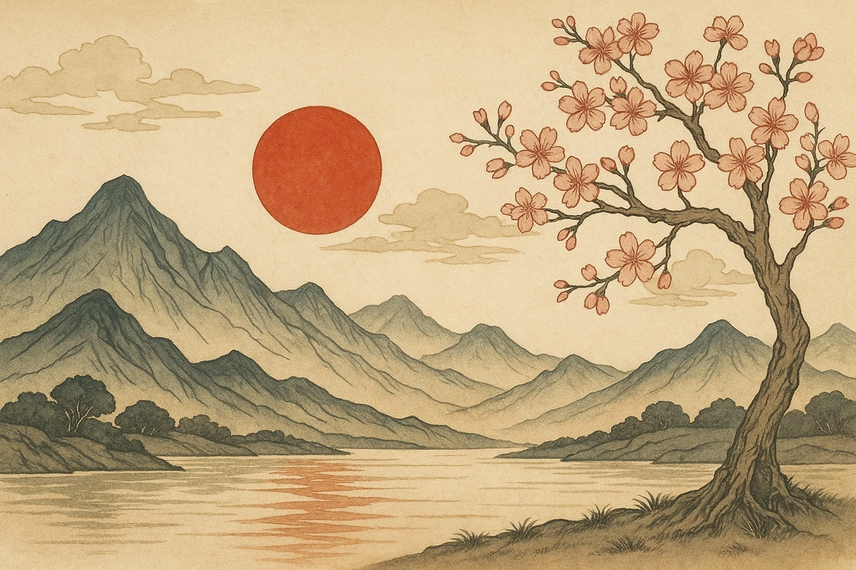 Фотообои на стену - в японском стиле, японские, пейзаж, сакура, красное солнце, горы, традиционные, минимализм, акварельные, восточные