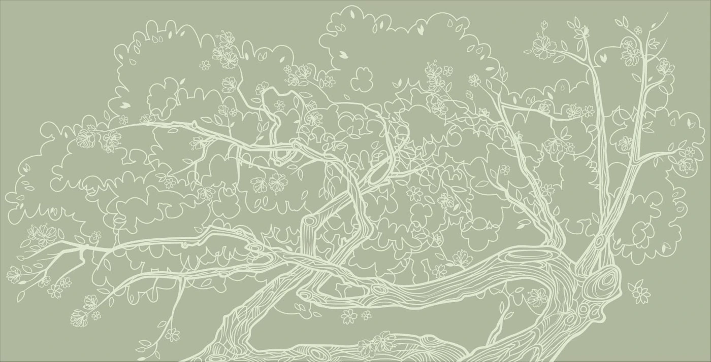 Фотообои на стену - графика, дерево, зеленые, корявые ветки