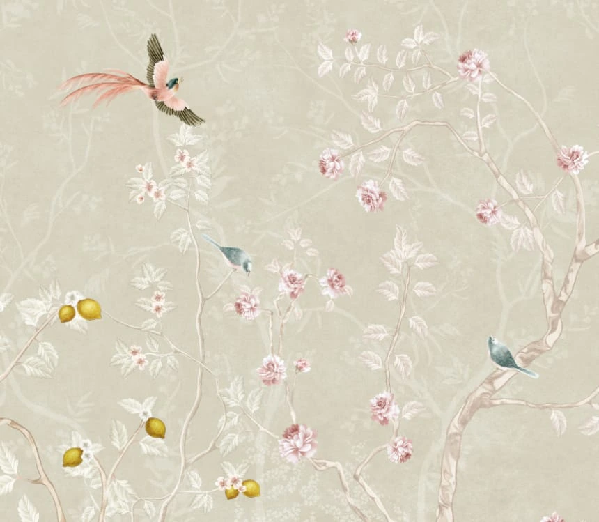Фотообои на стену - шинуазри, сады, серо-зеленые, цветы, фрукты, цветы, птицы