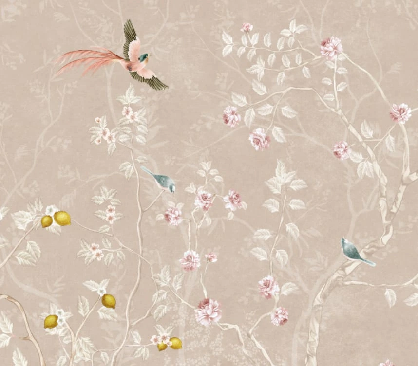 Фотообои на стену - шинуазри, сад, бежевые, с яркими птицами