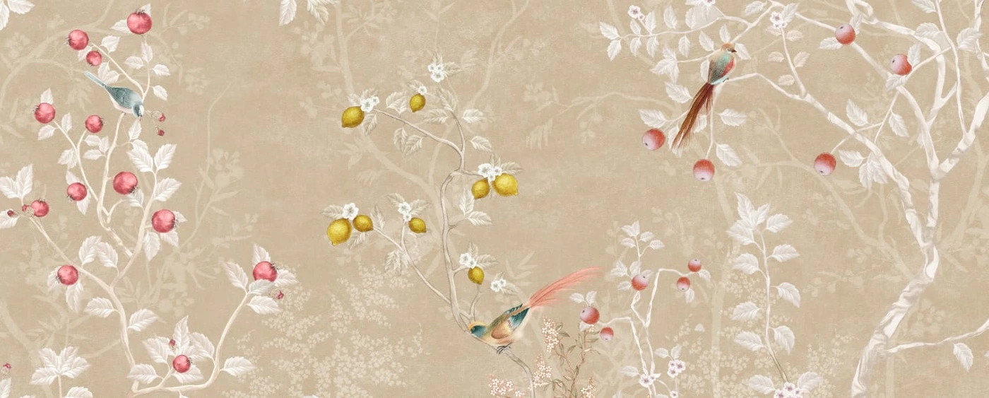 Фотообои на стену - шинуазри, сад, коричневые, ветки, птицы, цветы