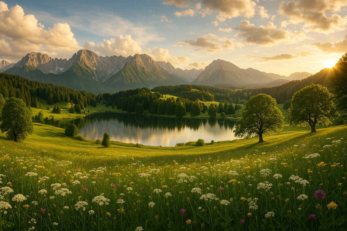 Фотообои на стену - природа, горы, лес, озеро, панорама, солнечный свет