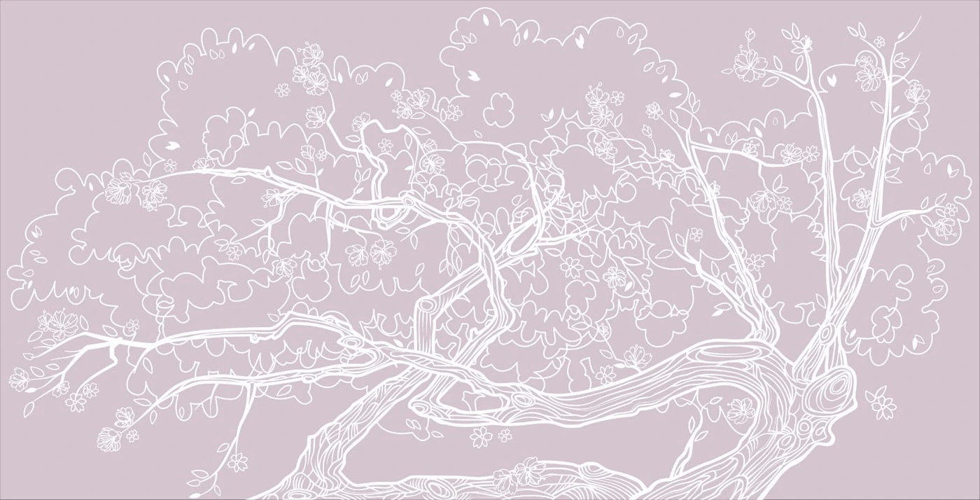 Фотообои на стену - дерево, графика, сиренево-розовые, ветки извилистые