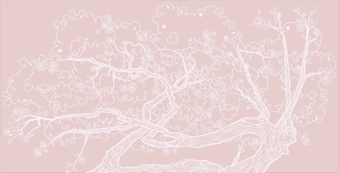 Фотообои и фрески на стену - дерево, графика, персиковые, извилистые ветки, цветы, листья