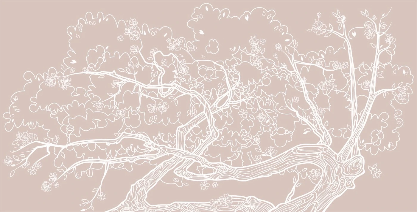 Фотообои на стену - дерево, графика, бежевые, светлые, извилистое, ветки