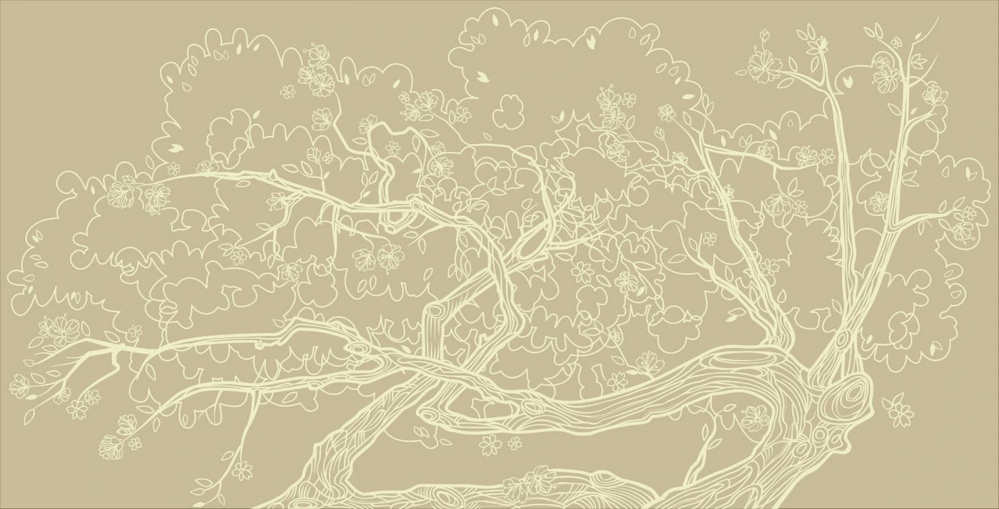 Фотообои на стену - дерево, графика, горчичного цвета, ветки корявые