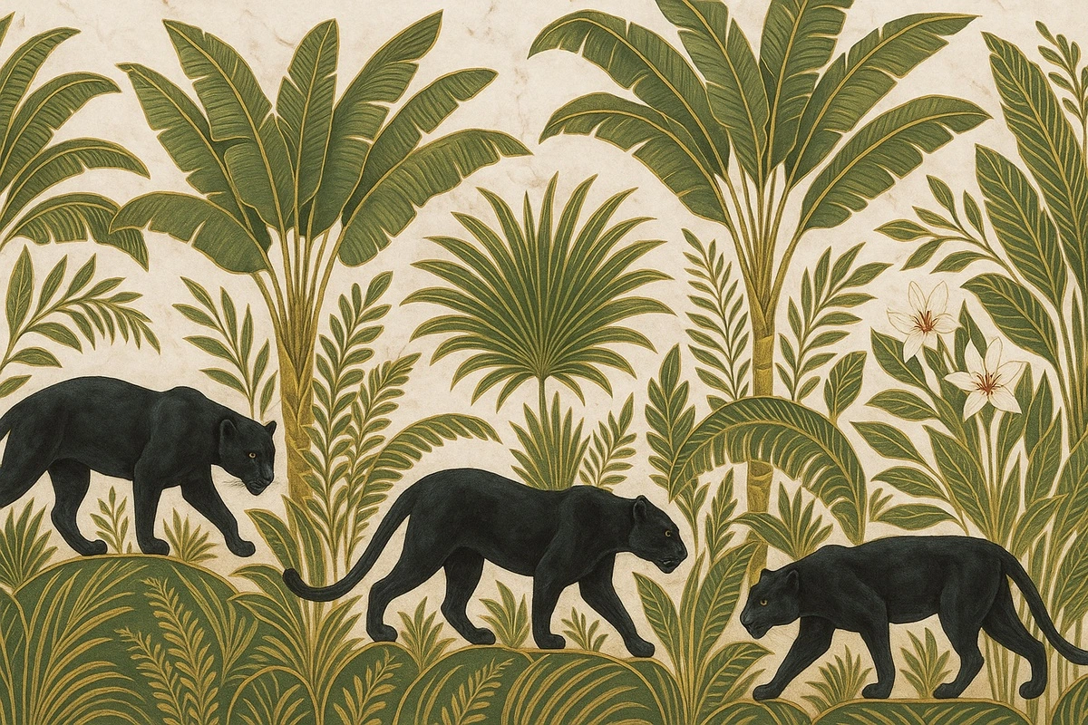 Фотообои на стену - в спальню, джунгли, черная пантера, белый мрамор, арт-деко
