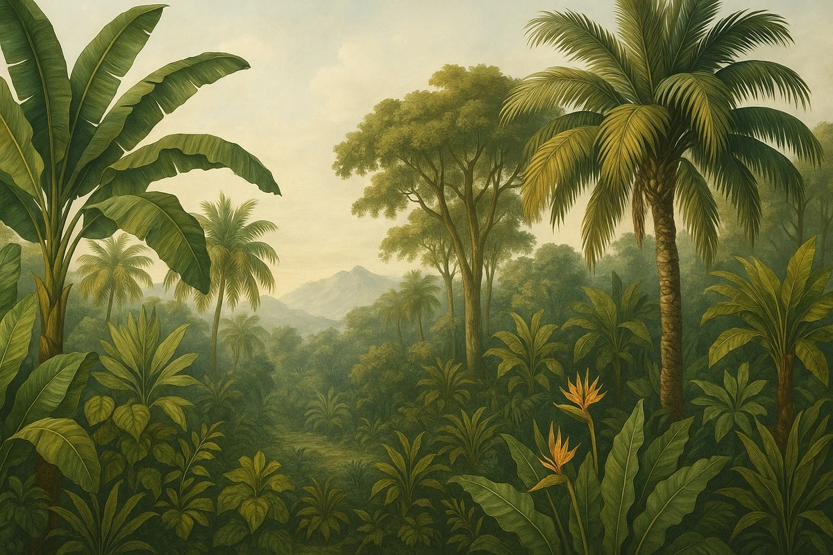 Фотообои на стену - джунгли, тропики, лес, деревья, растения, пальмы, банановое дерево, тропический лес