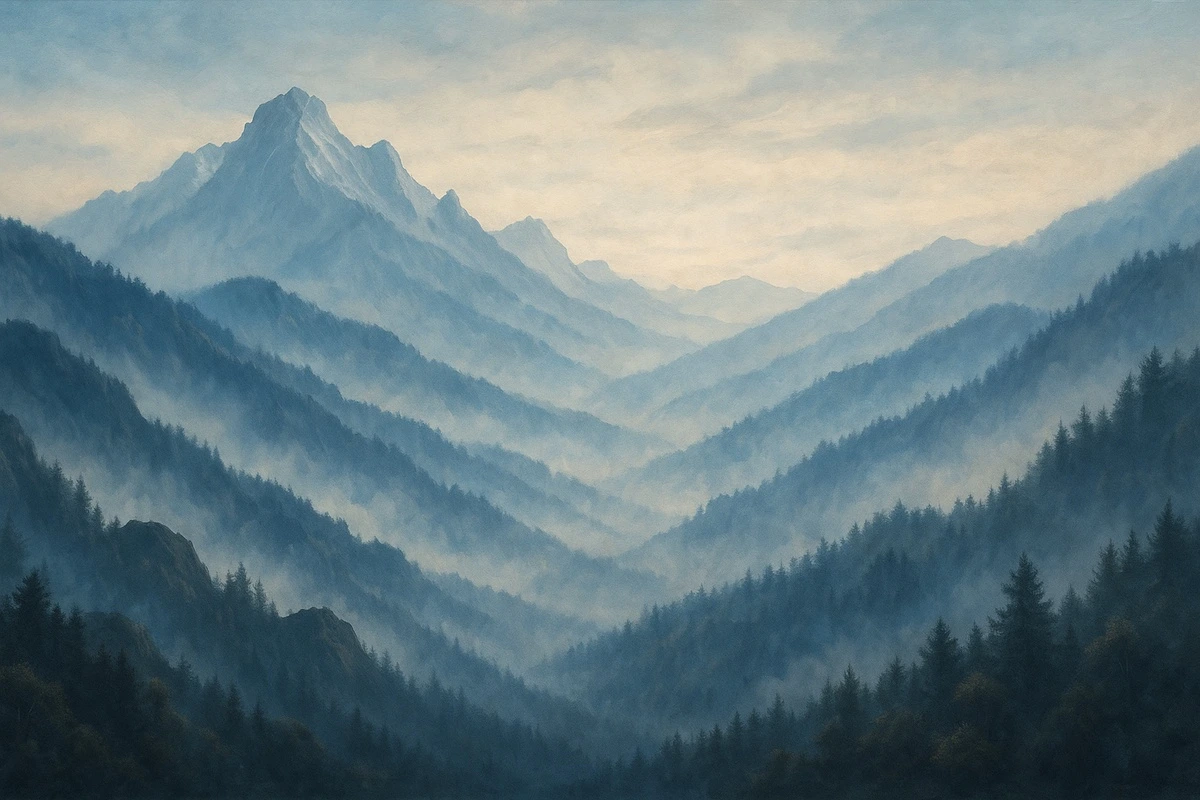 Фотообои на стену - в гостиную, горы, горный пейзаж, туман, природа, холодные тона