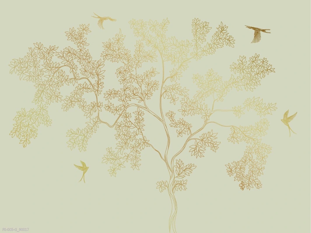 Фотообои на стену - дерево, графика, золотые, на светло зеленом фоне