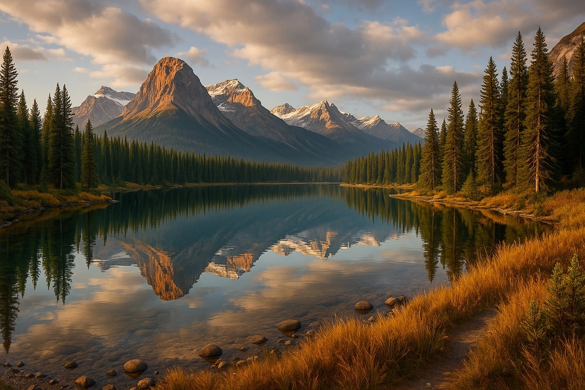 Фотообои и фрески на стену - в зал, озеро, отражение, снежные горы, лес