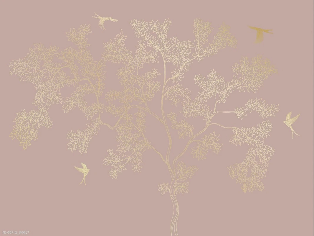 Фотообои на стену - дерево, графика, золотые, на темно розовом фоне