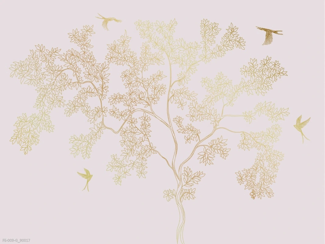 Фотообои на стену - дерево, графика, золотое, на розово-сиреневом фоне