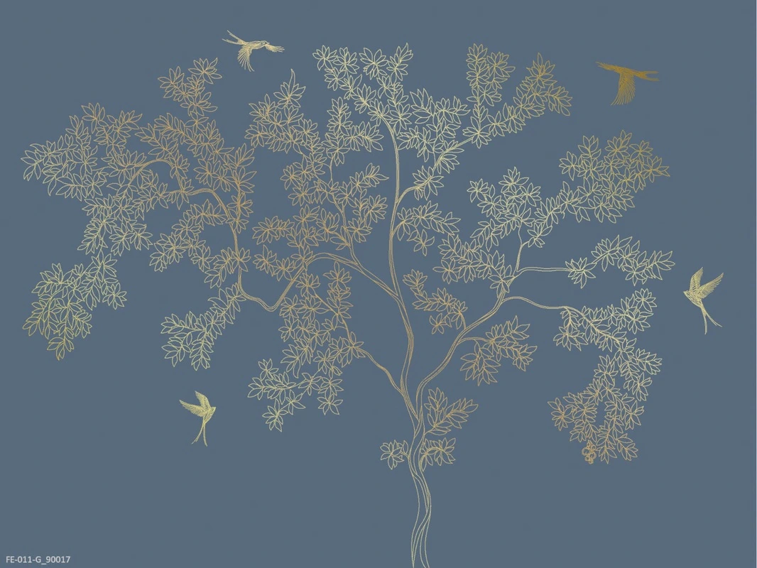 Фотообои на стену - дерево, графика, золотые, на серо-синем фоне