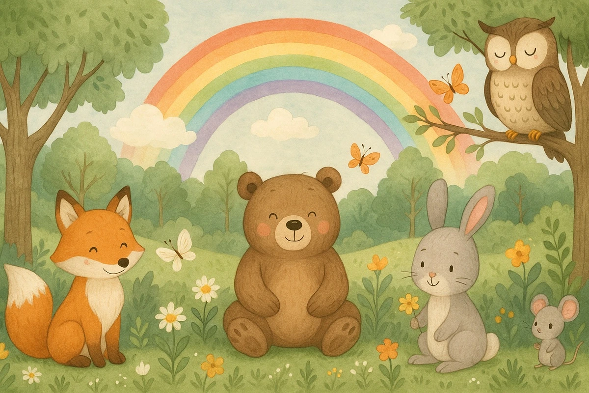 Фотообои на стену - радуга, бабочки, мишка, зайчик, сова, мышка, лес, животные, рисунки, лисичка, детские