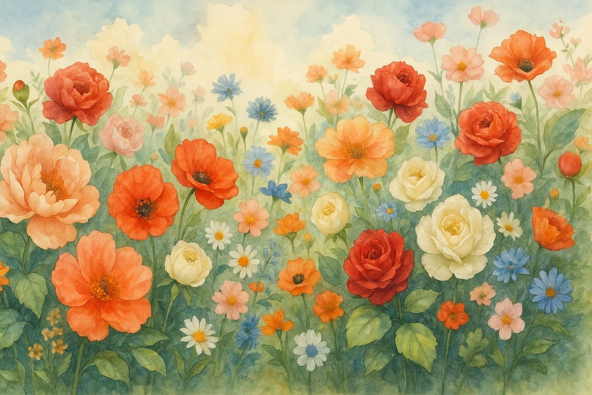 Фотообои на стену - цветы, розы, маки, пионы, ромашки, полевые цветы, акварель, пастельные тона, природа, сад, нежность