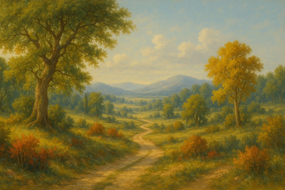 Фотообои на стену - над кроватью, пейзаж, дорога, осень, природа, деревья, горы, живопись, деревенский стиль, холмы, закат