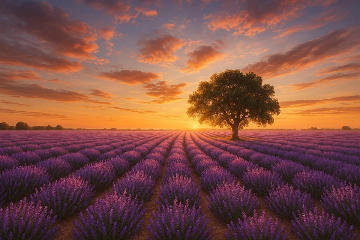 Фотообои и фрески на стену - на заказ, лаванда, поле, закат, пейзаж, дерево, лето, природа, прованс, фиолетовые, горизонтальные