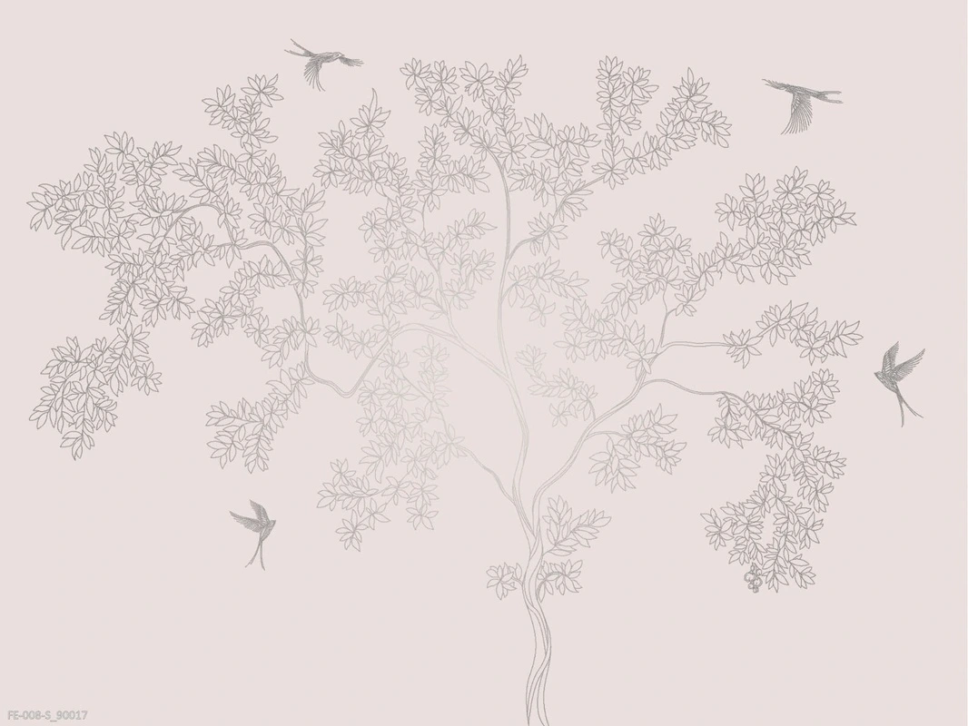 Фотообои на стену - дерево, графика, светло розовые, серебряные, птицы