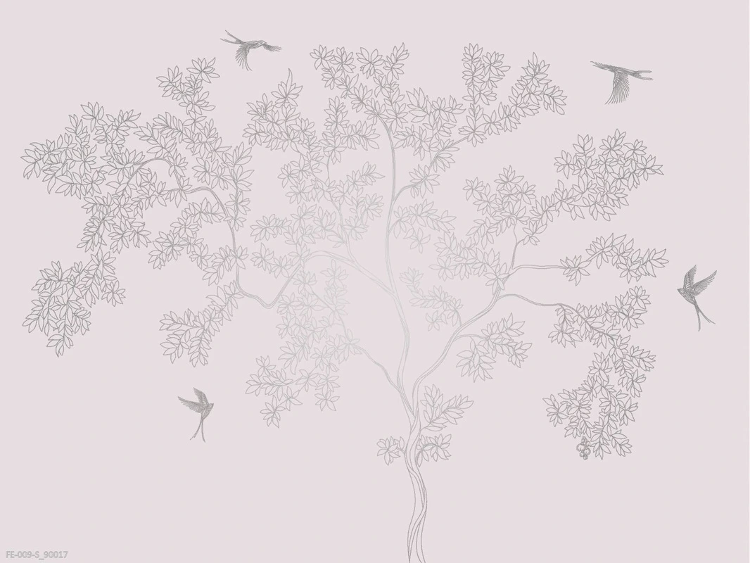 Фотообои на стену - дерево, графика, бледно розовые, серебро, с птицами