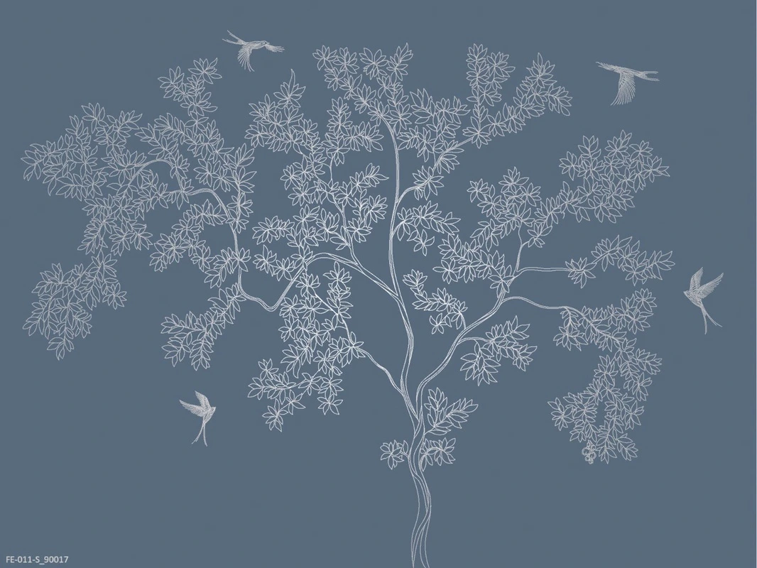 Фотообои на стену - дерево, графика, темно синие, с птицами на ветках