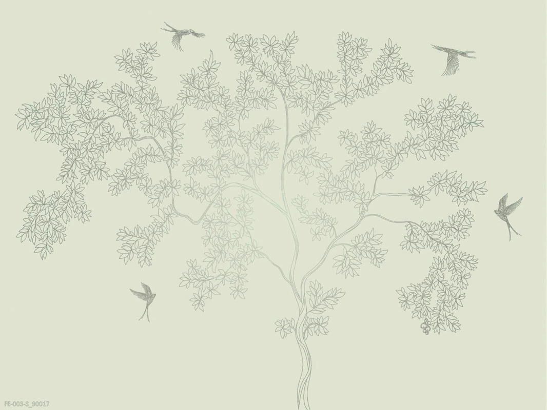 Фотообои на стену - дерево, графика, серо-салатовые, с серебром