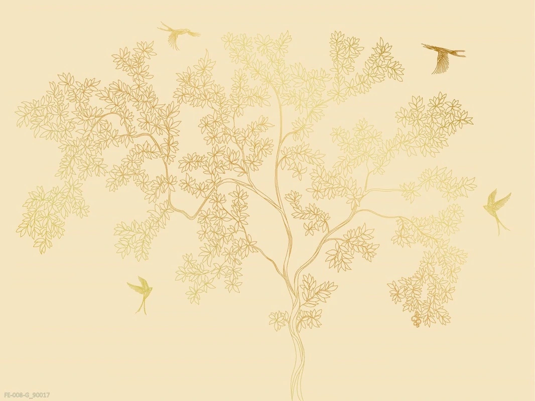 Фотообои на стену - дерево, графика, песочные, желтые, золото, ветки, листья, птицы