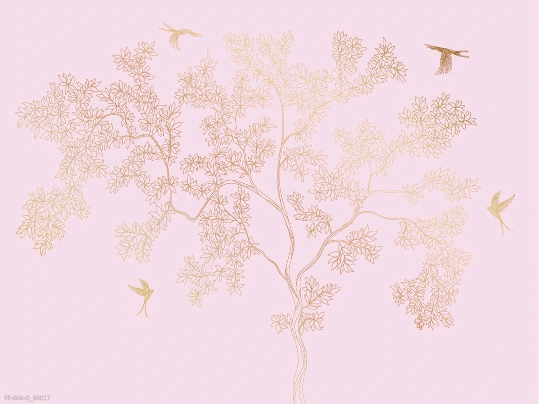 Фотообои на стену - дерево, графика, сиреневые, золотые ветки, птицы