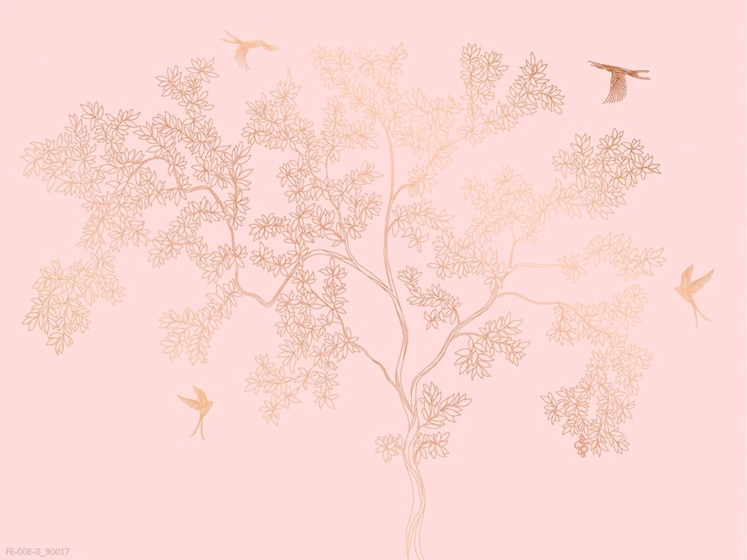 Фотообои на стену - дерево, графика, персиковые, золотые ветки, птицы