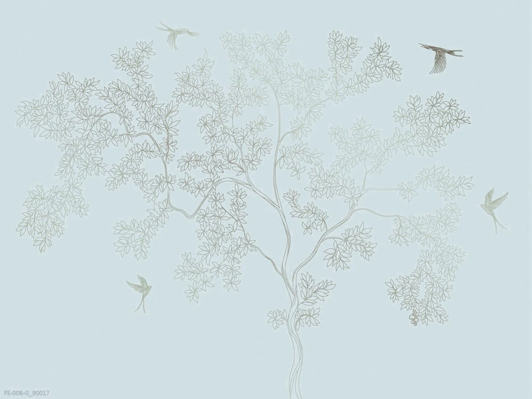 Фотообои на стену - дерево, графика, серо-голубые, золотые птицы