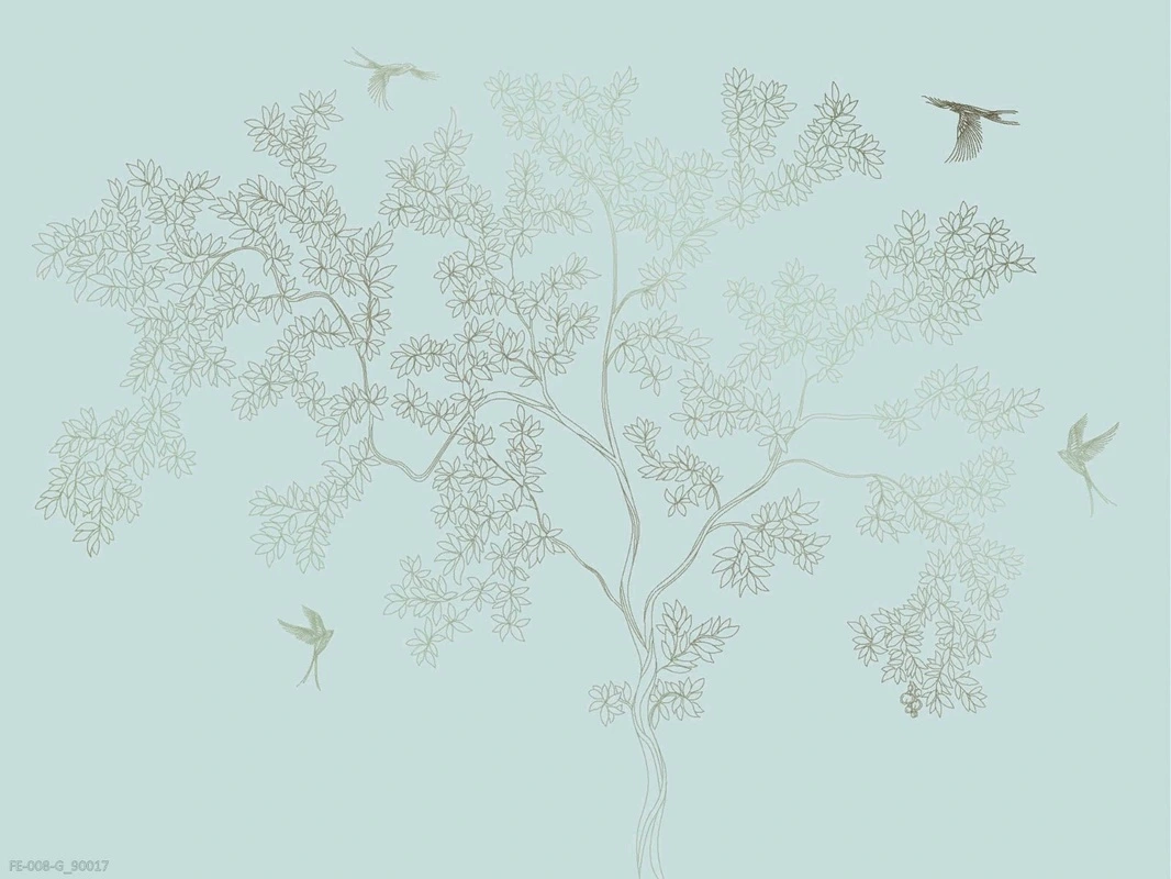 Фотообои на стену - дерево, графика, серо-бирюзовые, золотые птицы и листья