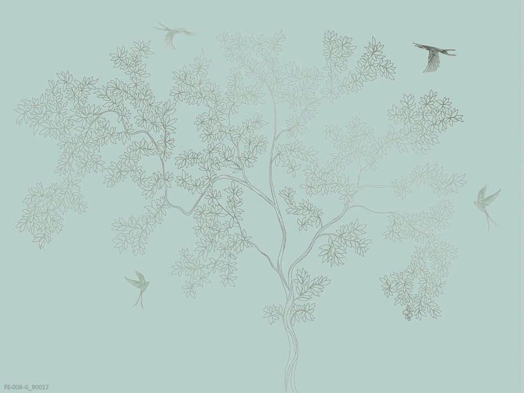 Фотообои на стену - дерево, графика, темно бирюзовые, золотые листья и птицы