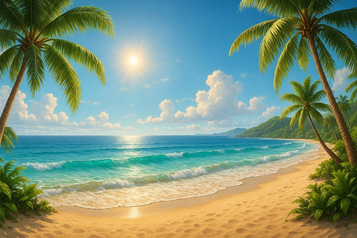 Фотообои на стену - пляж, море, пальмы, песок, облака, тропический остров