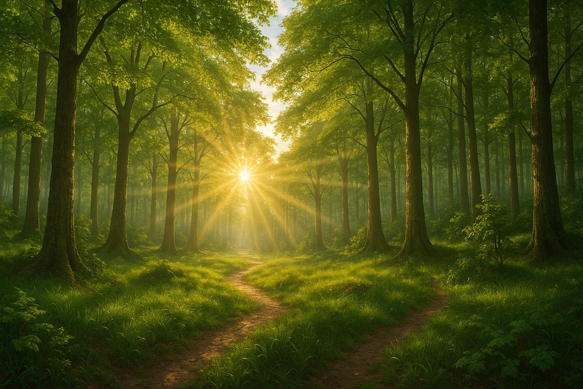 Фотообои и фрески на стену - бумажные, лес, деревья, рассвет, природа