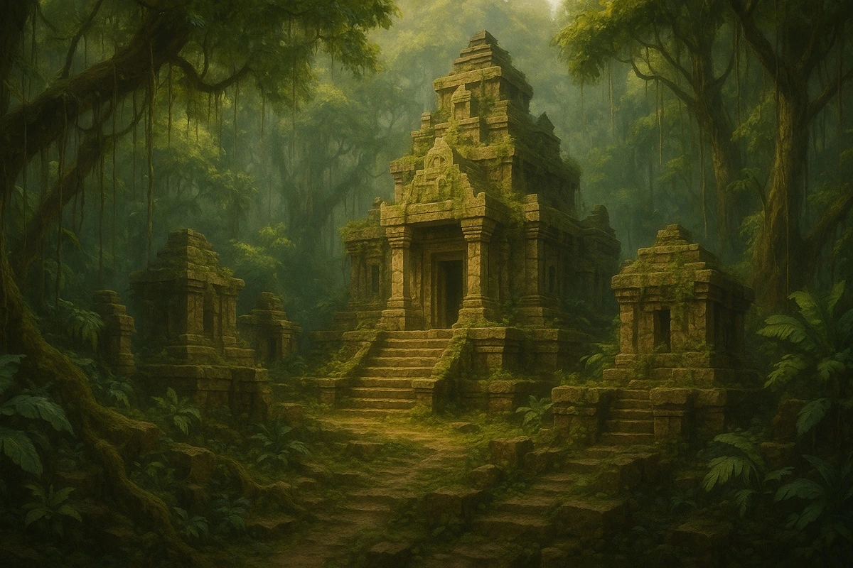 Фотообои на стену - бесшовные, древний храм, джунгли, руины, природа