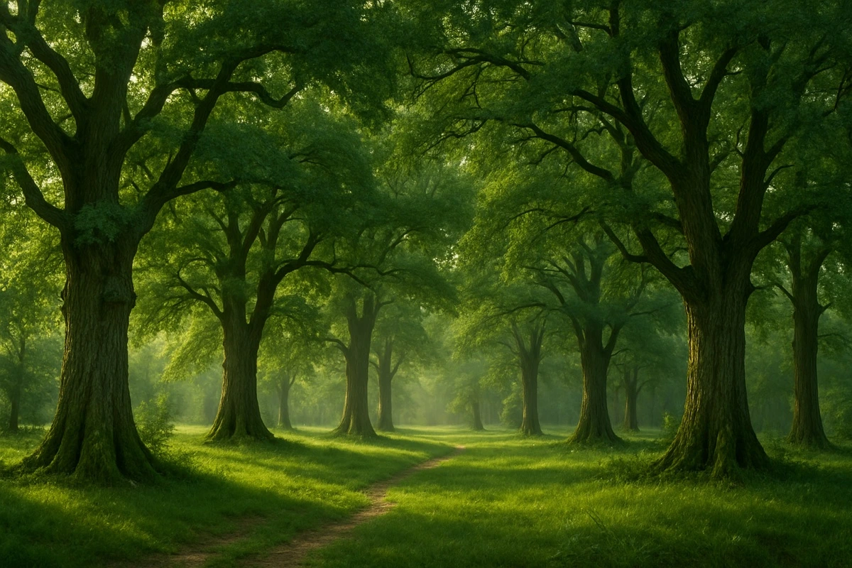 Фотообои на стену - деревья, лес, природа, тропинка, трава, дубы, туман, солнечный свет, детские, в гостиную