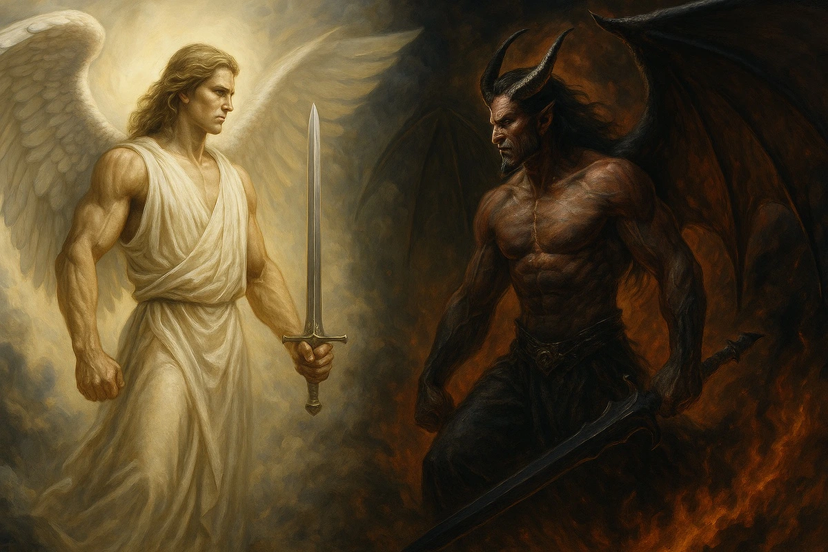 Фотообои на стену - ангел, демон, архангел, воин ангел, ангел с мечом, демон с мечом, ангел и демон, фэнтези, готическое фэнтези, рай против ада
