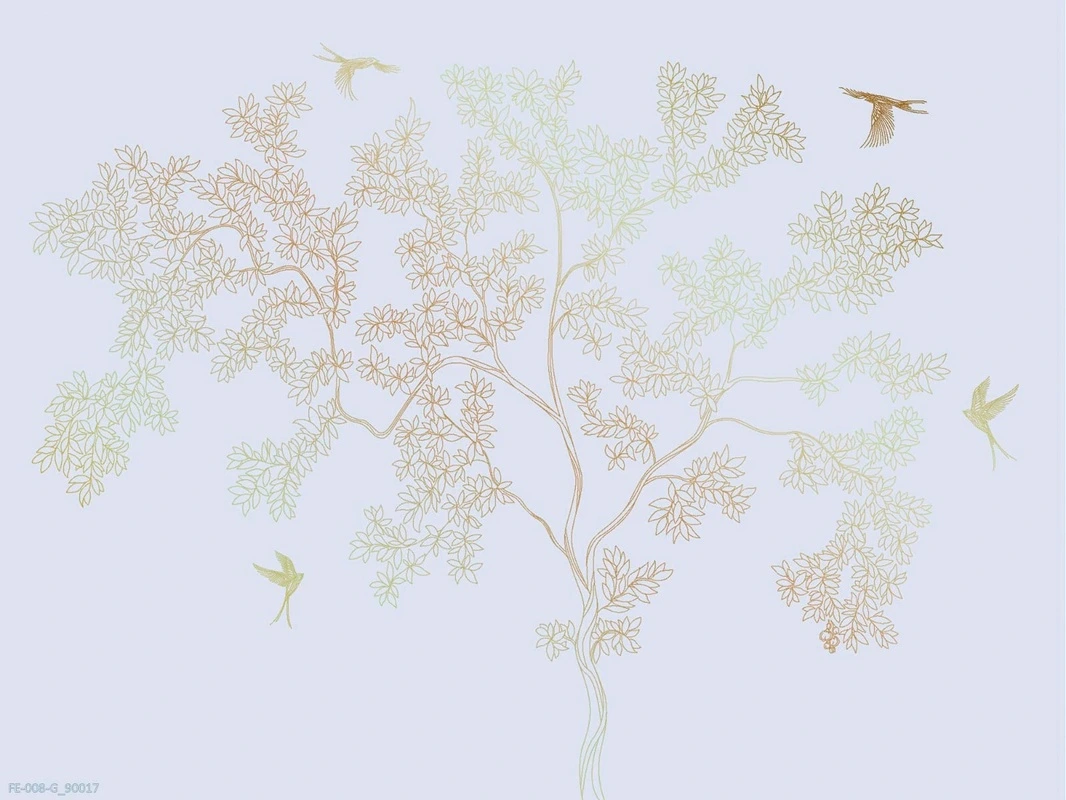 Фотообои на стену - дерево, графика, яркие, сиреневые, золотые птицы, золотые листья