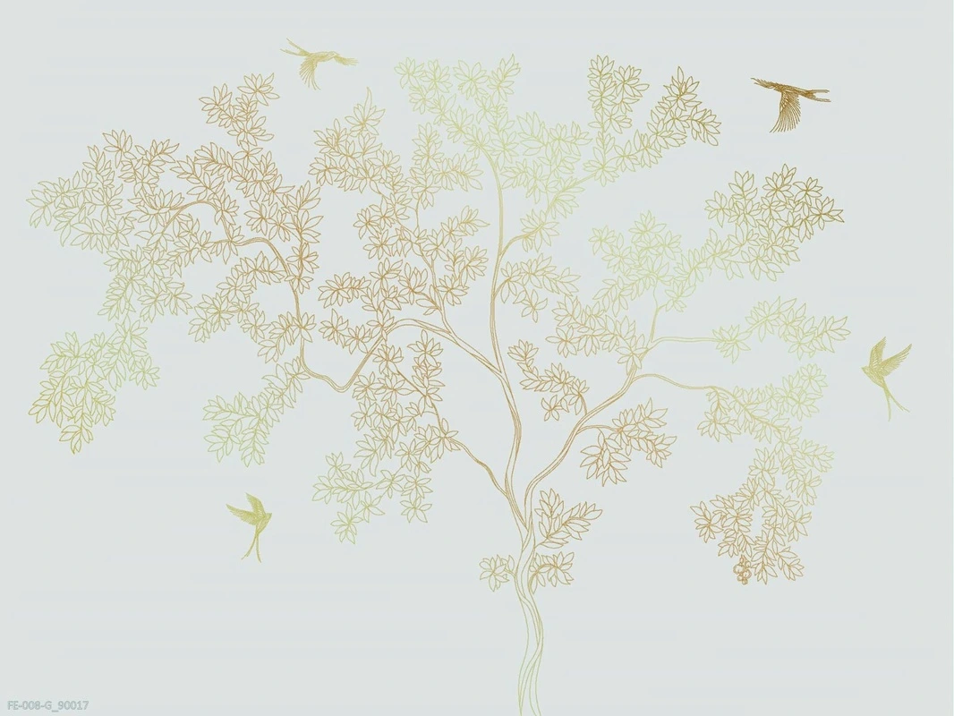 Фотообои на стену - дерево, графика, серо-голубые, золотые ветки, птицы