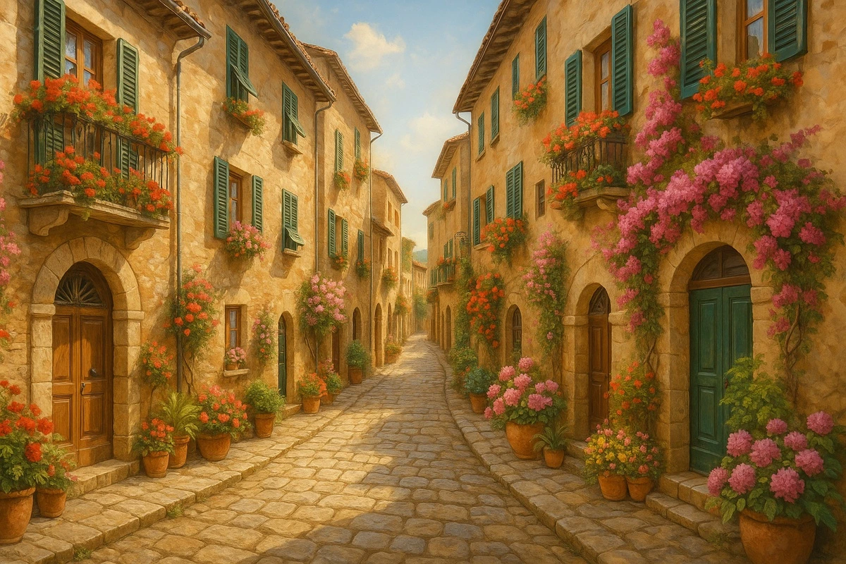 Фотообои на стену - итальянская улочка, старинные дома, балконы с цветами, Италия, узкая улица, средиземноморский стиль, живописный пейзаж