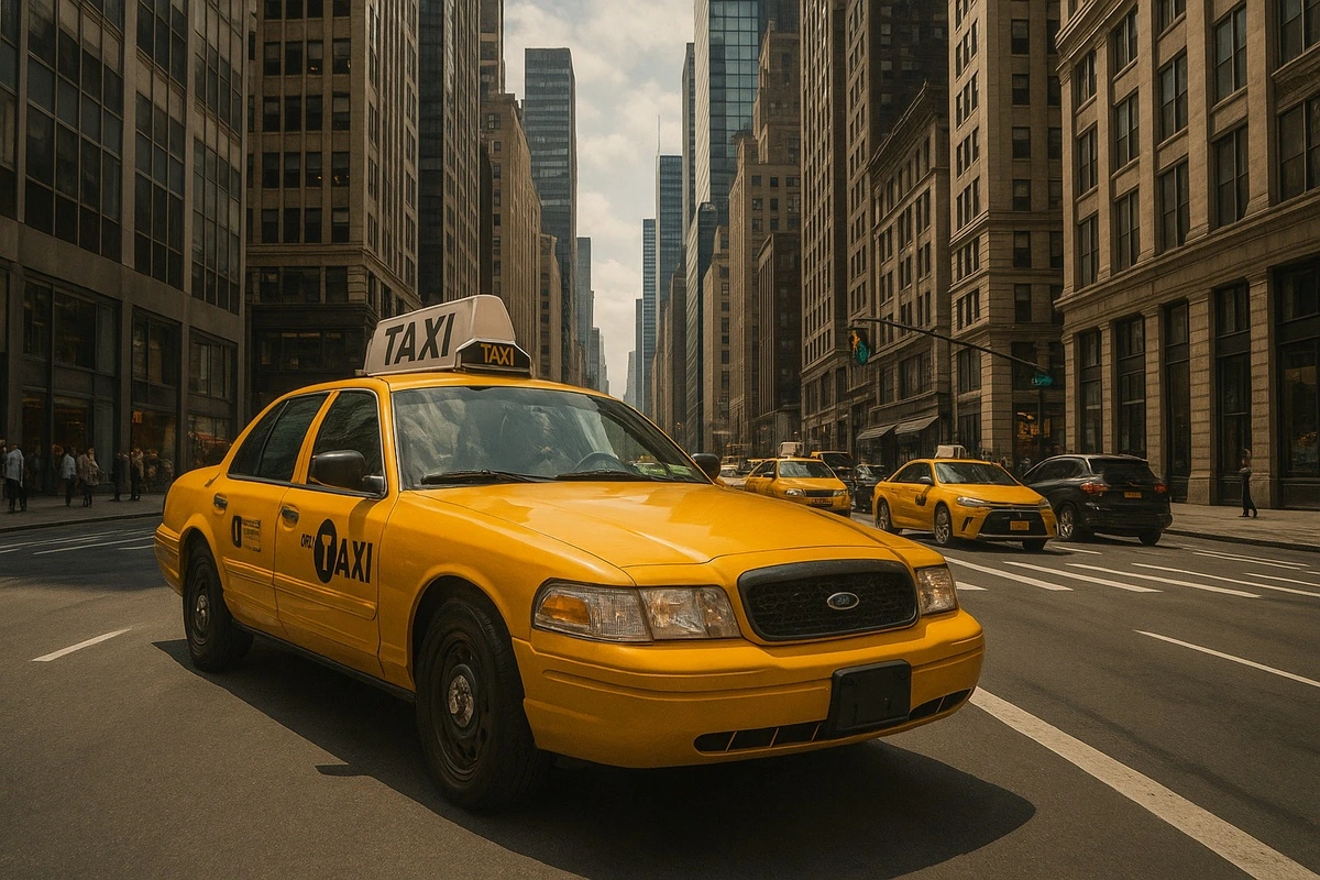 Фотообои на стену - нью-йоркское такси, желтое такси, манхэттен, городская улица, небоскребы, американский мегаполис, транспорт Нью-Йорка, городской пейзаж, урбанистический стиль, такси