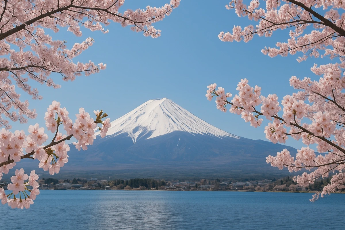 Фотообои на стену - сакура, цветущие деревья, Япония, гора Фудзи, озеро, весна, небо, отражение в воде, природа, пейзаж