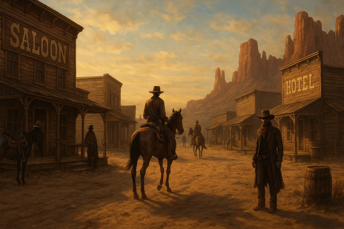 Фотообои на стену - дикий запад, салун, ковбои, лошади, прерия, скалы
