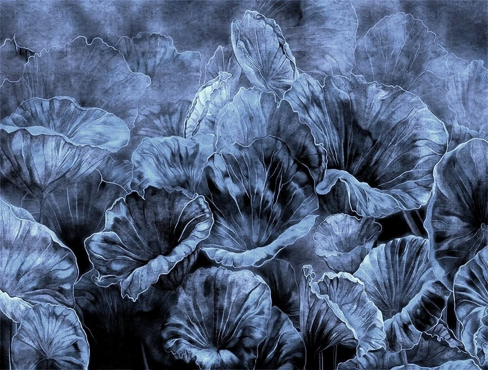 Фотообои на стену - современные, листья, лотос, синие