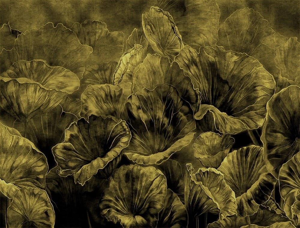 Фотообои на стену - современные, болотные, горчичные, лотос, листья, яркие, под бархат