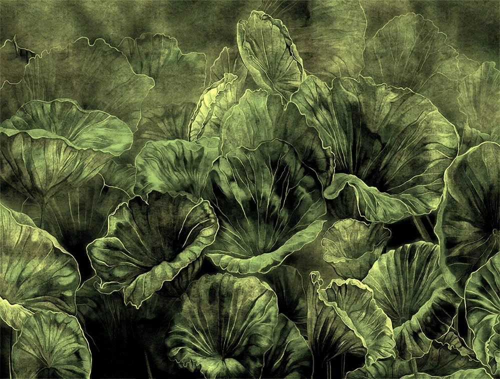 Фотообои на стену - листья, современные, зеленые, листья лотоса, бархатные