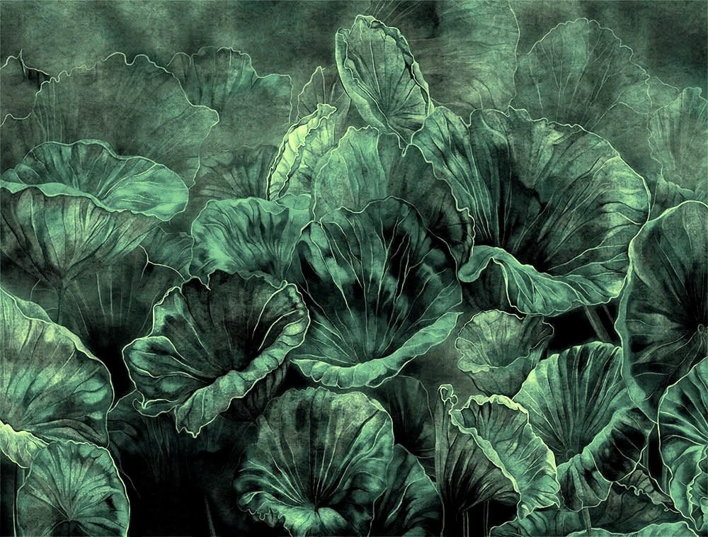 Фотообои на стену - листья, современные, тропические, лотос, ярко зеленые, бархат